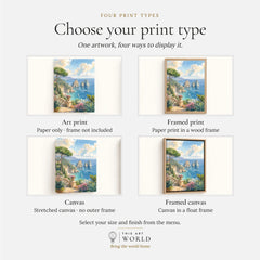 Capri Faraglioni rocks watercolour art print, print type options: art print, framed print or canvas