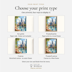 Chicago river and skyline watercolour art print, print type options: art print, framed print or canvas