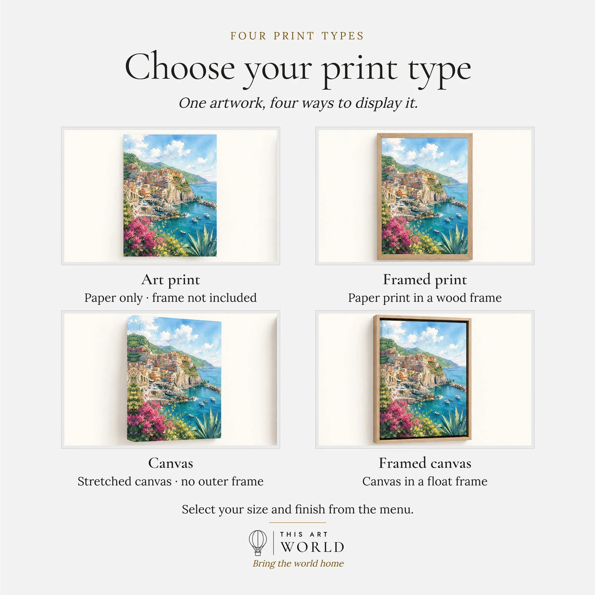 Cinque Terre Manarola cliff village watercolour art print, print type options: art print, framed print or canvas