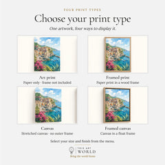 Cinque Terre Manarola cliff village watercolour art print, print type options: art print, framed print or canvas