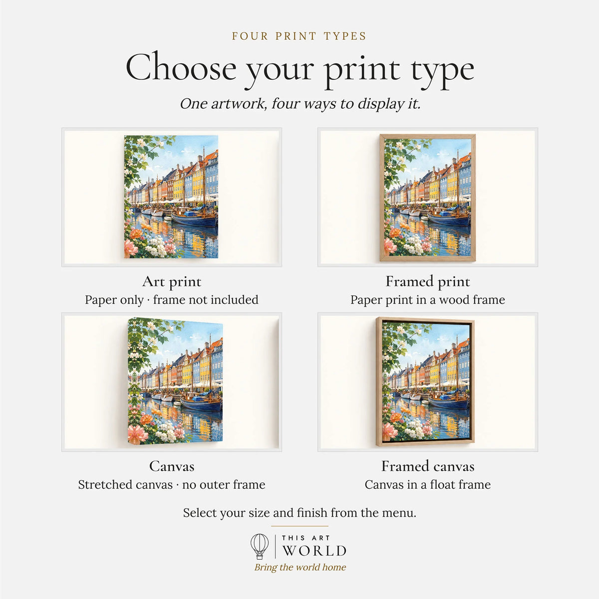 Copenhagen Nyhavn harbour houses watercolour art print, print type options: art print, framed print or canvas
