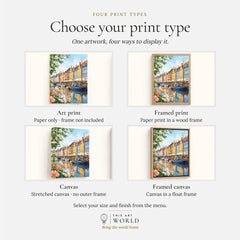 Copenhagen Nyhavn harbour houses watercolour art print, print type options: art print, framed print or canvas