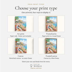 Costa Blanca Altea blue-domed church and coast watercolour art print, print type options: art print, framed print or canvas