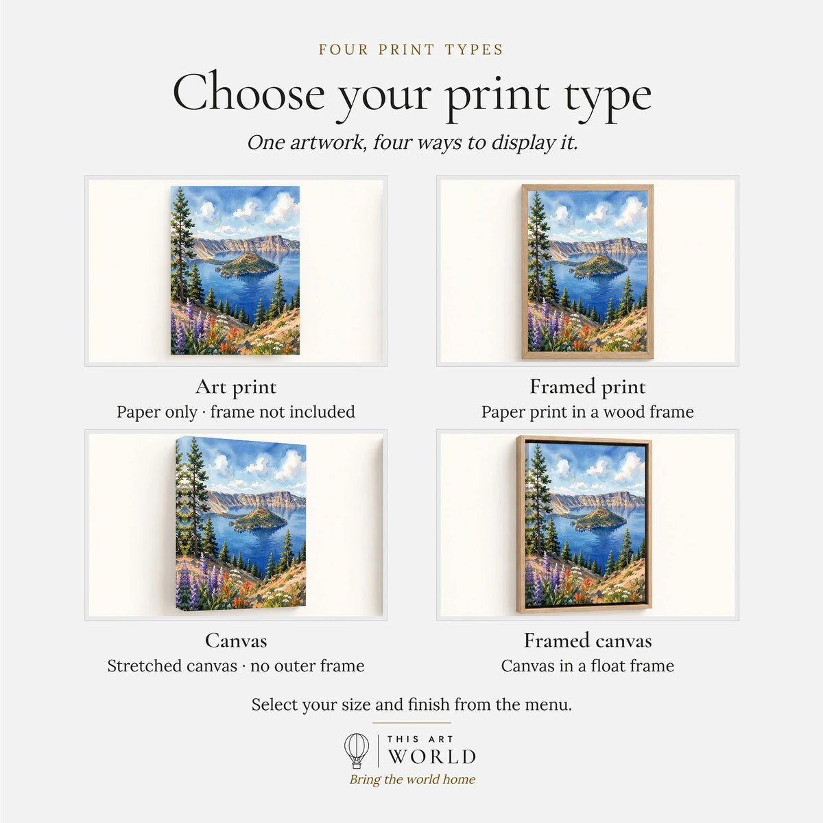 Crater Lake Wizard Island in the deep blue lake watercolour art print, print type options: art print, framed print or canvas