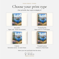 Crater Lake Wizard Island in the deep blue lake watercolour art print, print type options: art print, framed print or canvas