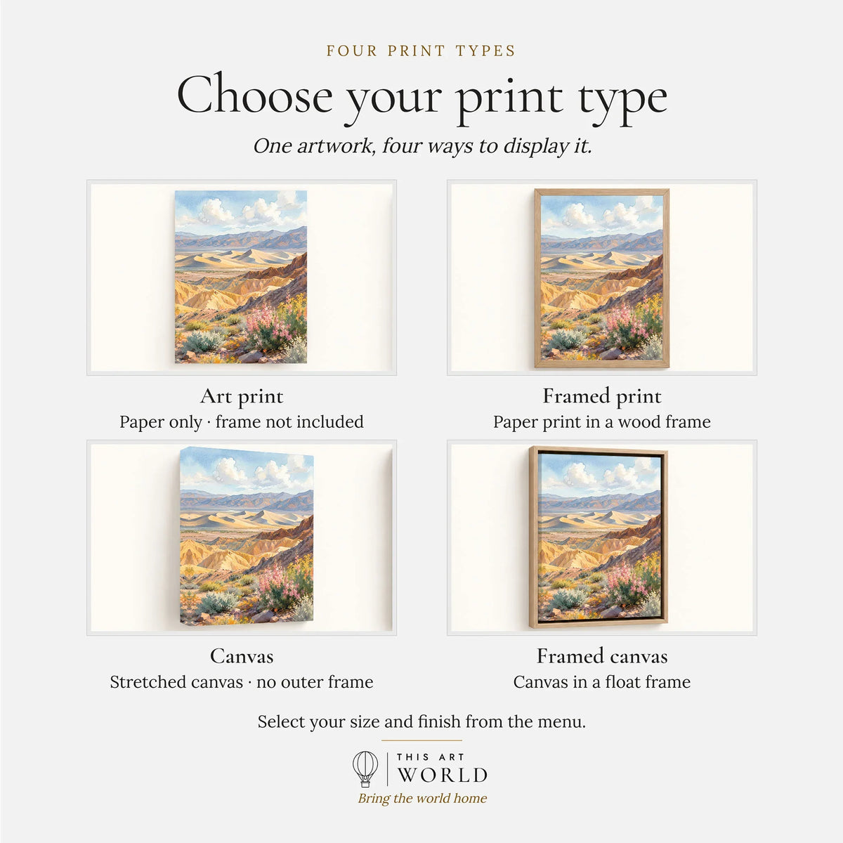 Death Valley sand dunes and golden hills watercolour art print, print type options: art print, framed print or canvas