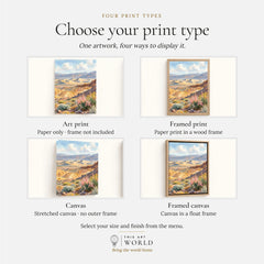 Death Valley sand dunes and golden hills watercolour art print, print type options: art print, framed print or canvas