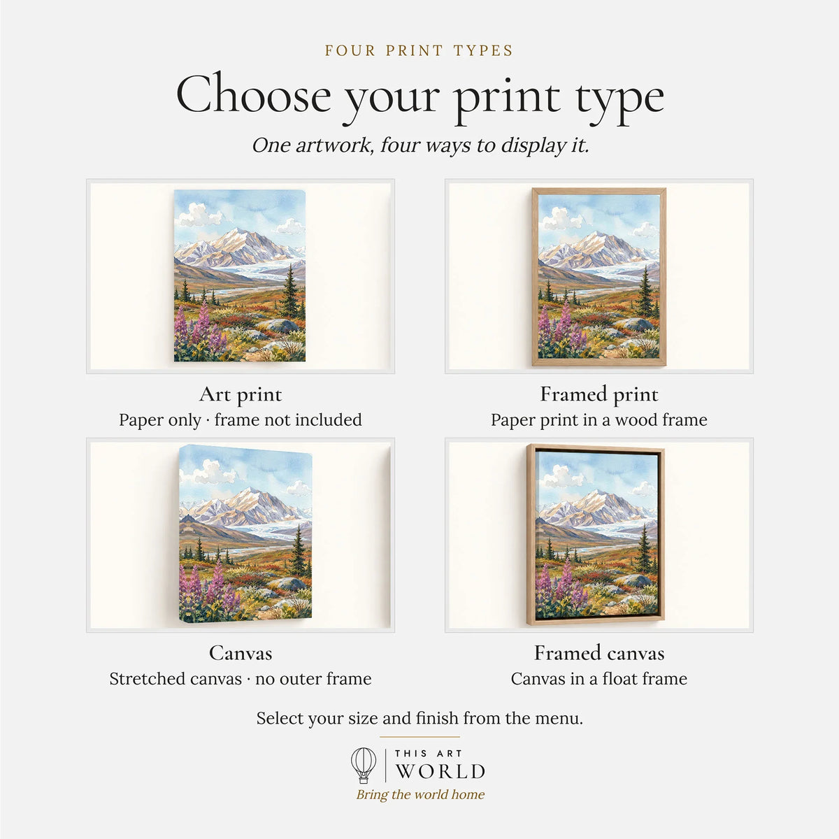 Denali National Park snow-capped Denali peak watercolour art print, print type options: art print, framed print or canvas