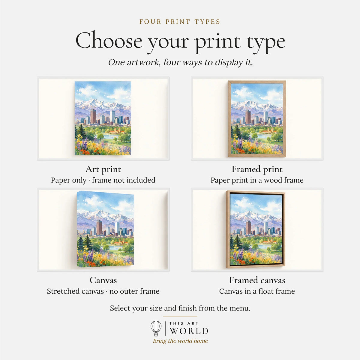 Denver skyline and Rocky Mountains watercolour art print, print type options: art print, framed print or canvas