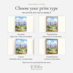 Denver skyline and Rocky Mountains watercolour art print, print type options: art print, framed print or canvas