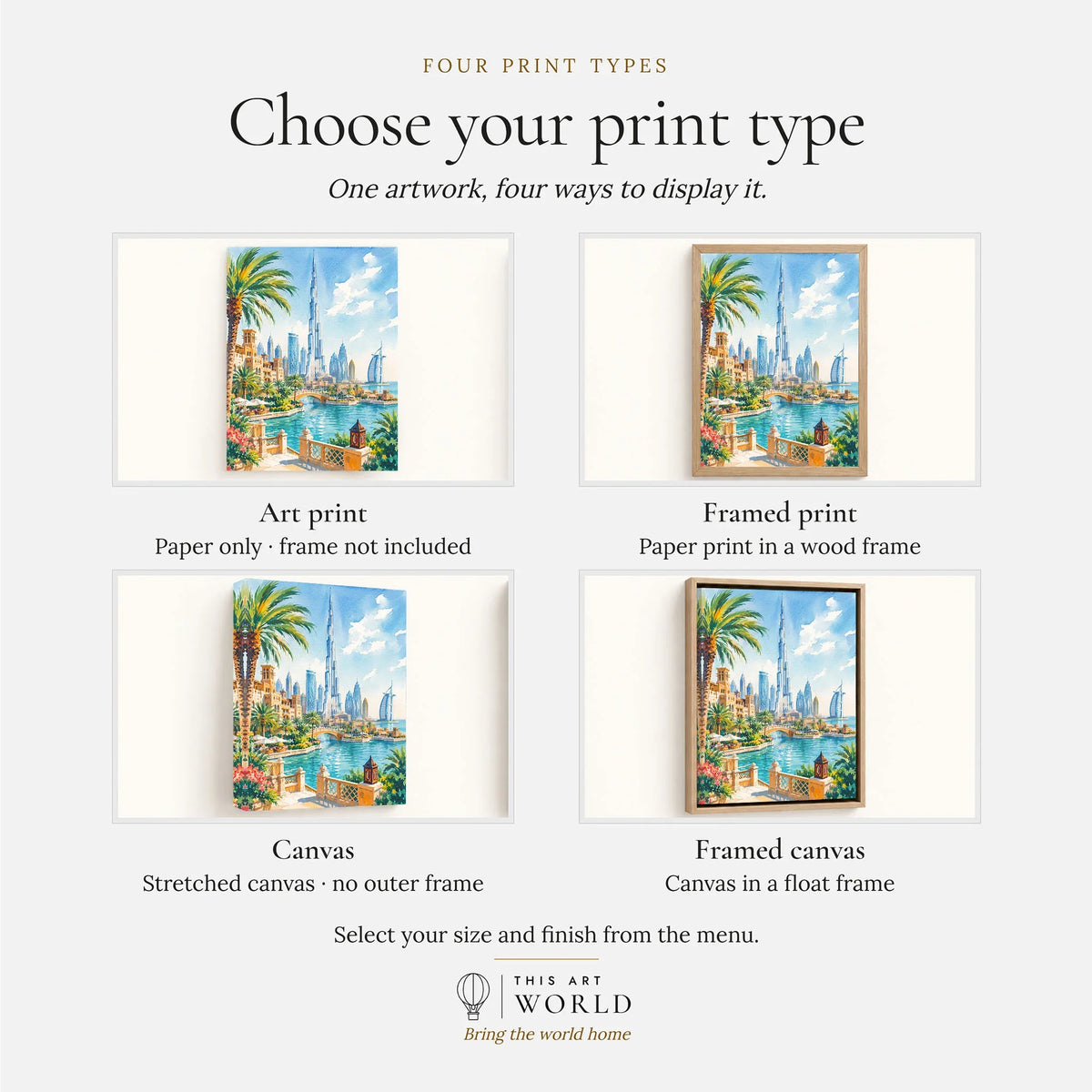 Dubai Burj Khalifa skyline watercolour art print, print type options: art print, framed print or canvas