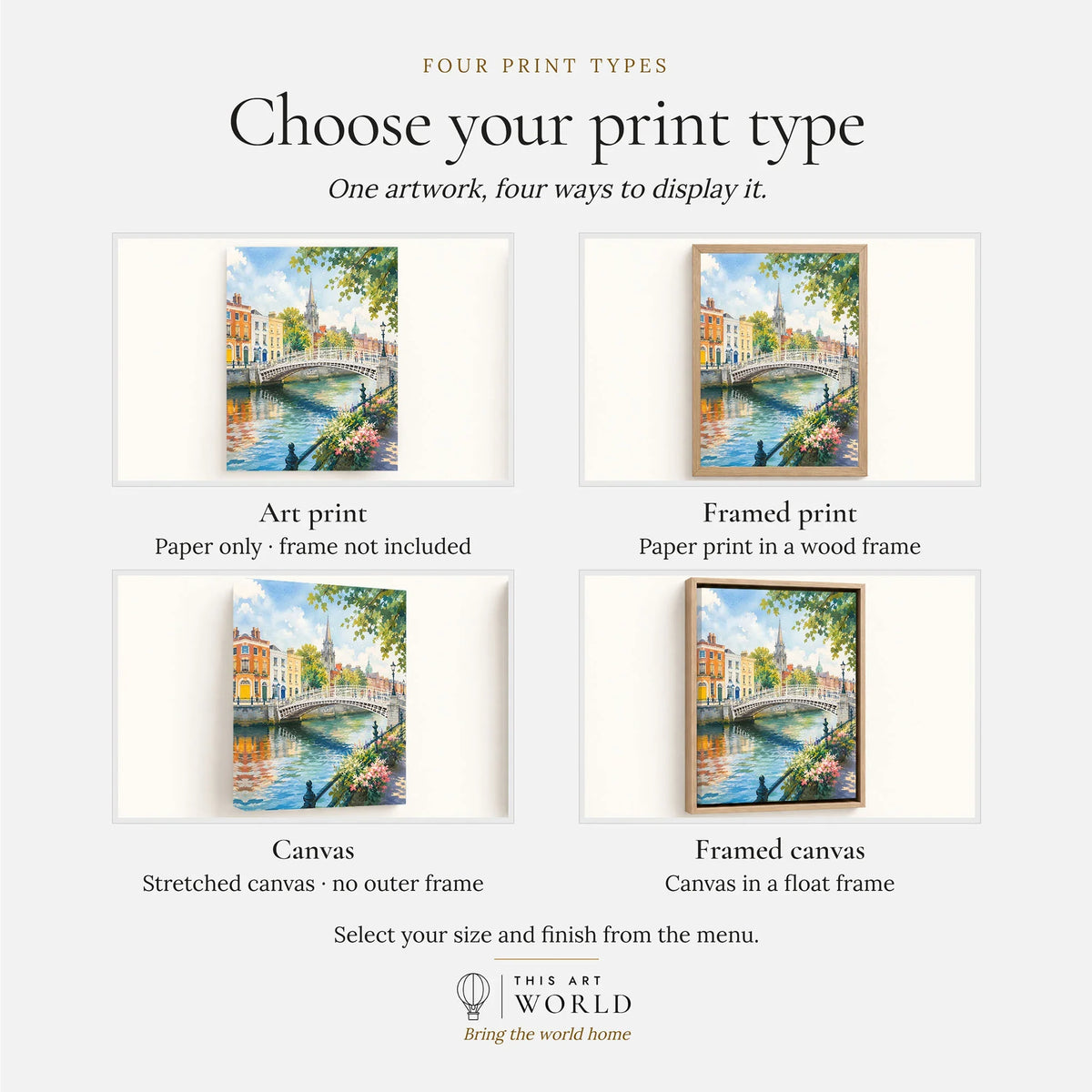 Dublin Ha'penny Bridge on the Liffey watercolour art print, print type options: art print, framed print or canvas