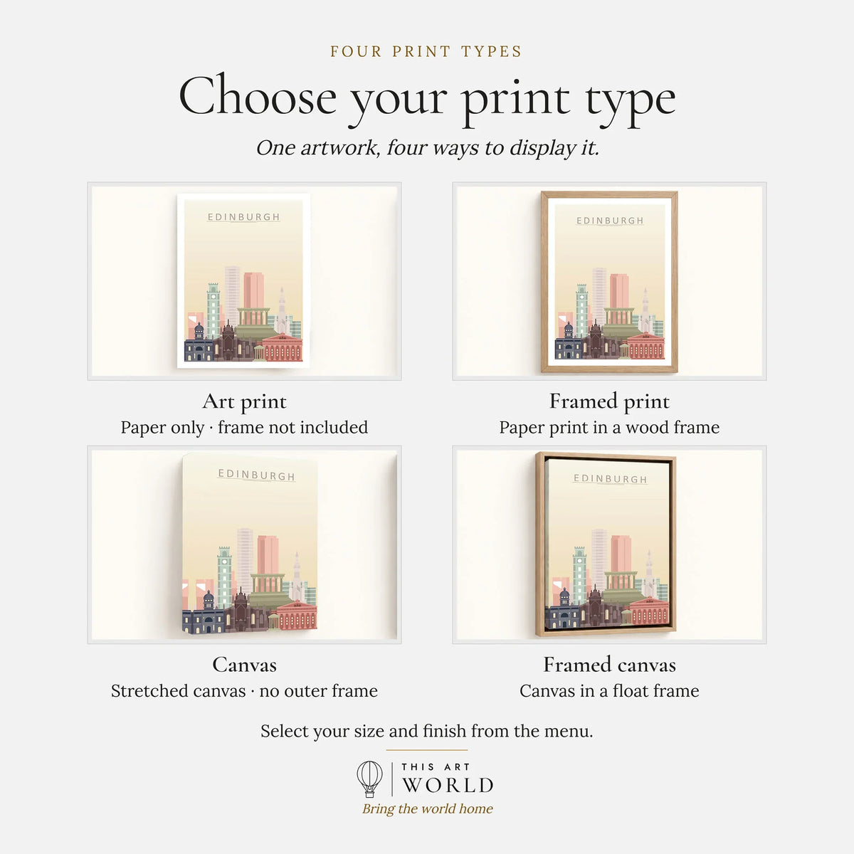 Edinburgh city skyline art print, print type options: art print, framed print or canvas