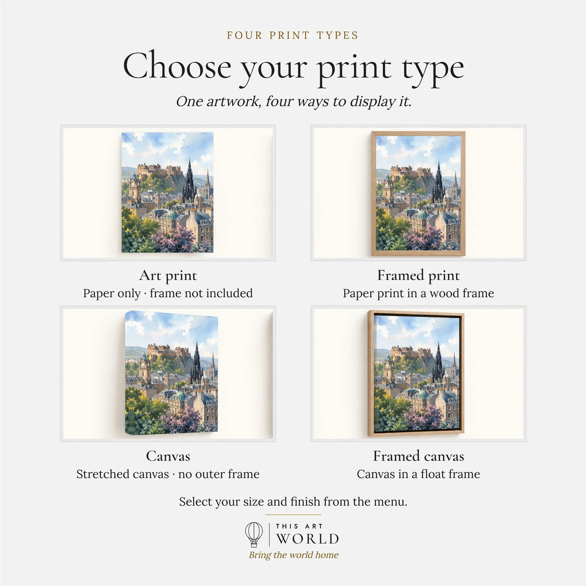 Edinburgh castle and Scott Monument watercolour art print, print type options: art print, framed print or canvas