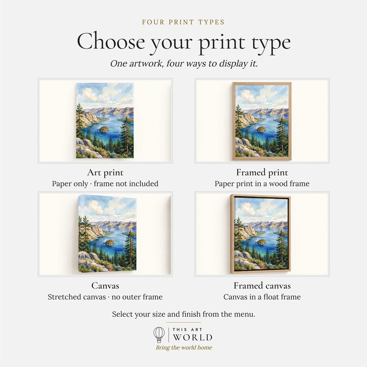 Emerald Bay Fannette Island in Emerald Bay watercolour art print, print type options: art print, framed print or canvas