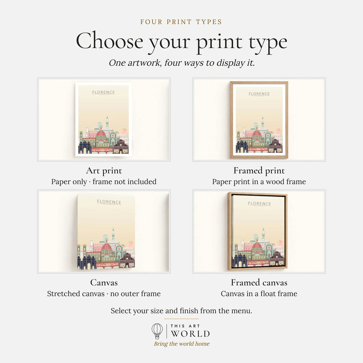 Florence city skyline art print, print type options: art print, framed print or canvas