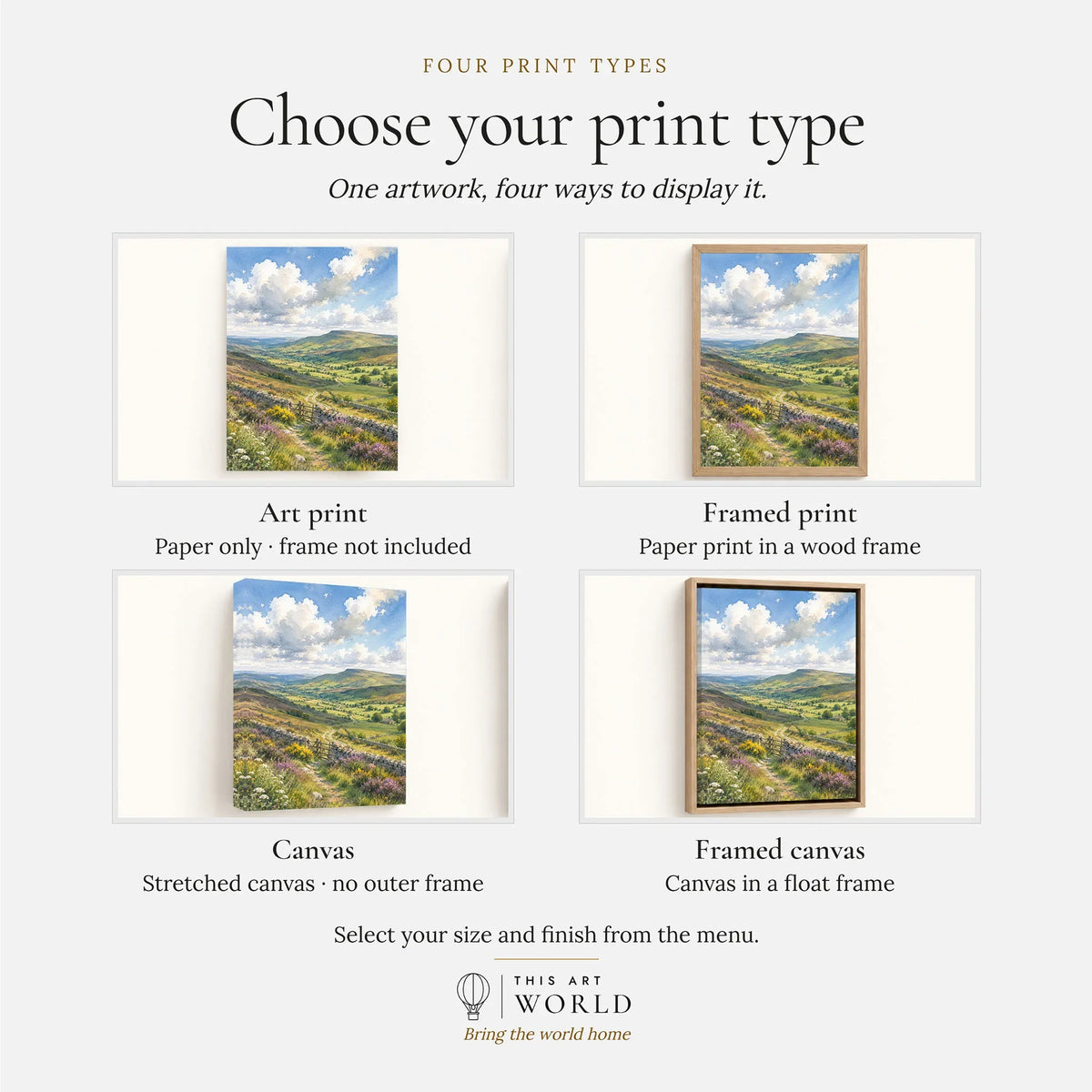 Forest of Bowland moorland valley and stone wall watercolour art print, print type options: art print, framed print or canvas