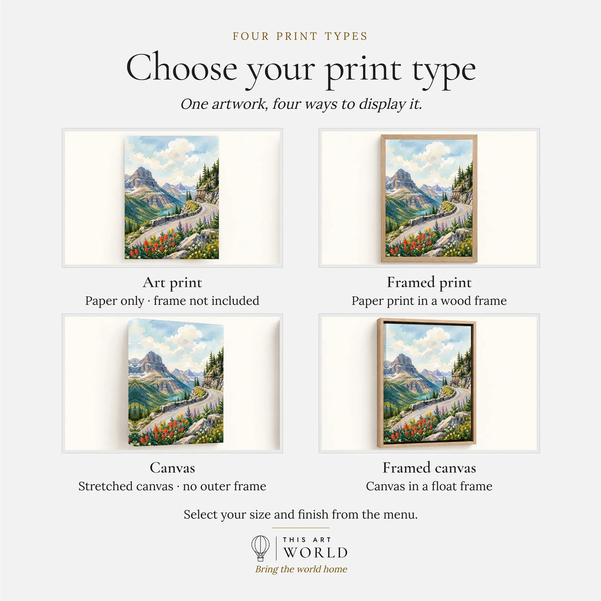 Glacier National Park Going-to-the-Sun Road watercolour art print, print type options: art print, framed print or canvas