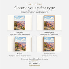Grand Canyon view from the South Rim watercolour art print, print type options: art print, framed print or canvas