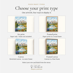 Grand Teton Teton peaks over the Snake River watercolour art print, print type options: art print, framed print or canvas