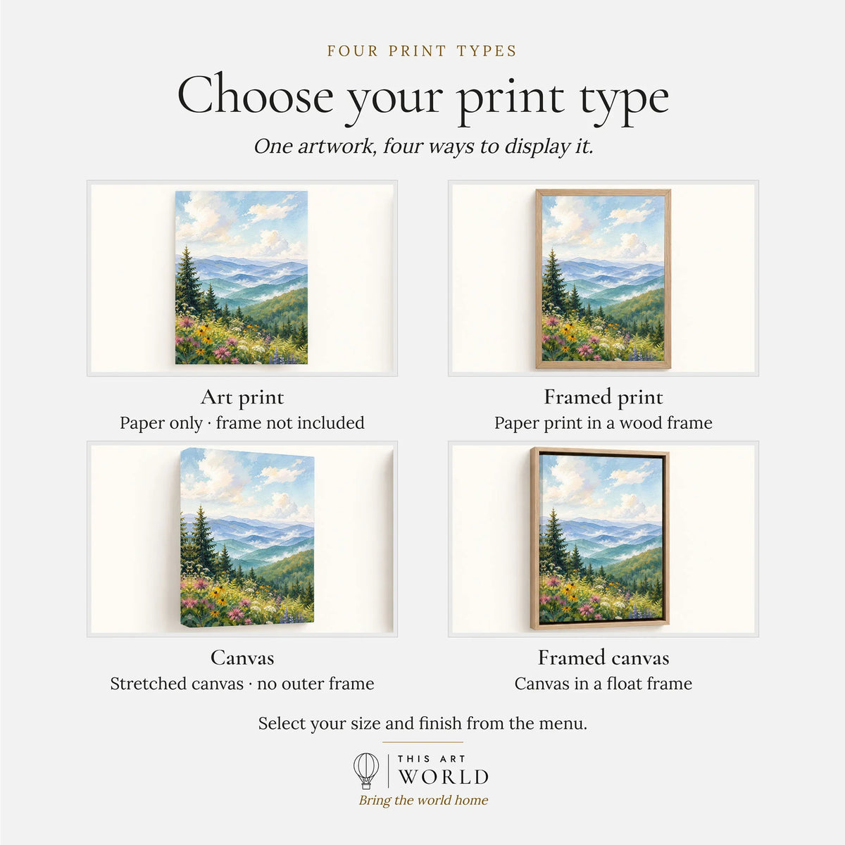 Great Smoky Mountains misty blue ridges watercolour art print, print type options: art print, framed print or canvas