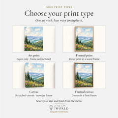 Great Smoky Mountains misty blue ridges watercolour art print, print type options: art print, framed print or canvas