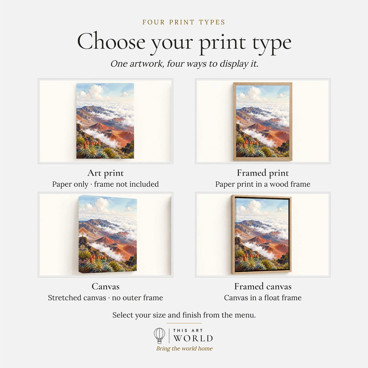 Haleakalā summit crater above the clouds watercolour art print, print type options: art print, framed print or canvas