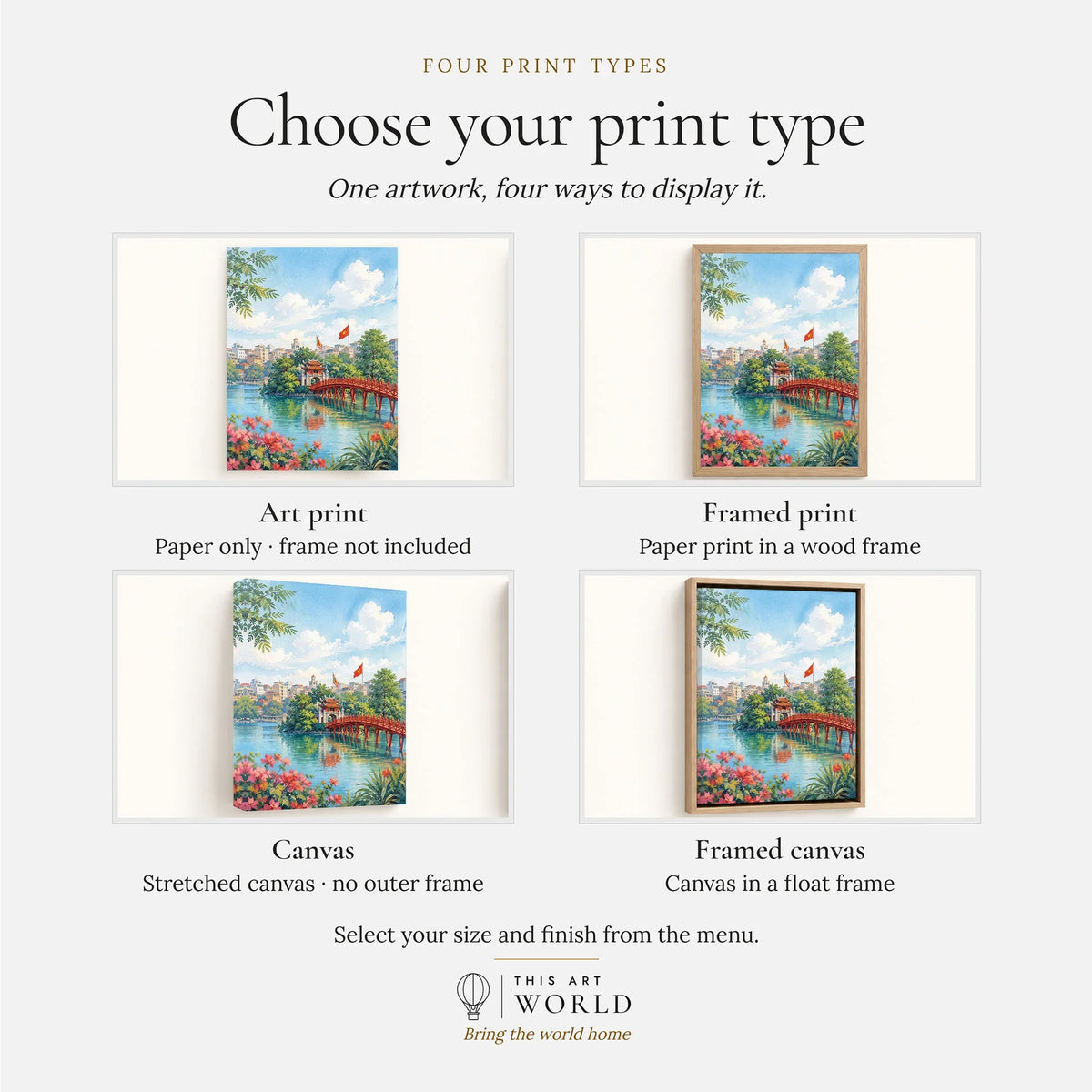 Hanoi red Huc Bridge on Hoan Kiem Lake watercolour art print, print type options: art print, framed print or canvas