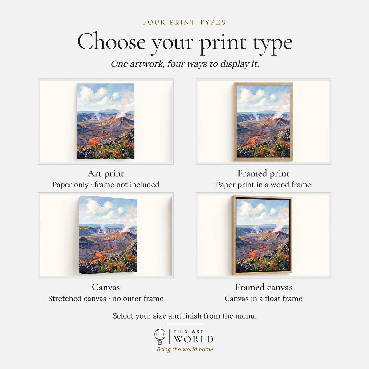 Hawaii Volcanoes lava flow and steaming crater watercolour art print, print type options: art print, framed print or canvas