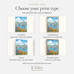 Hong Kong Victoria Harbour skyline with flowers watercolour art print, print type options: art print, framed print or canvas