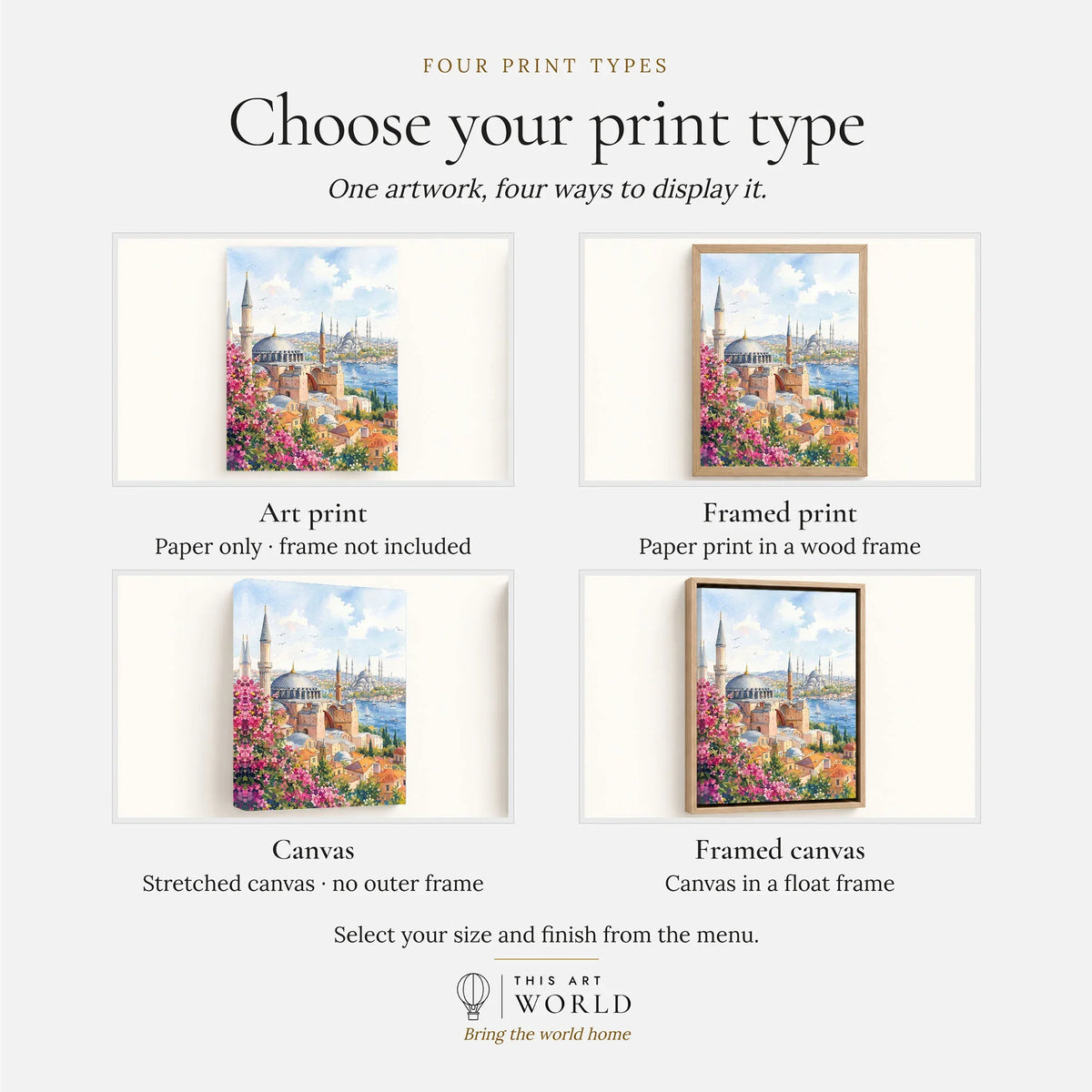 Istanbul Hagia Sophia and Blue Mosque watercolour art print, print type options: art print, framed print or canvas