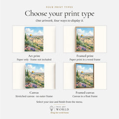 Jerusalem Dome of the Rock and Old City walls watercolour art print, print type options: art print, framed print or canvas