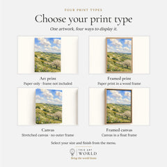 Kent Downs chalk downs and orchard blossom watercolour art print, print type options: art print, framed print or canvas