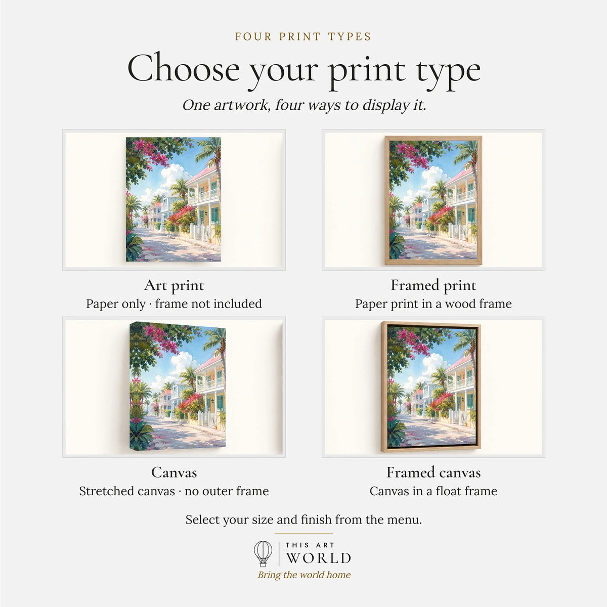 Key West pastel conch houses watercolour art print, print type options: art print, framed print or canvas