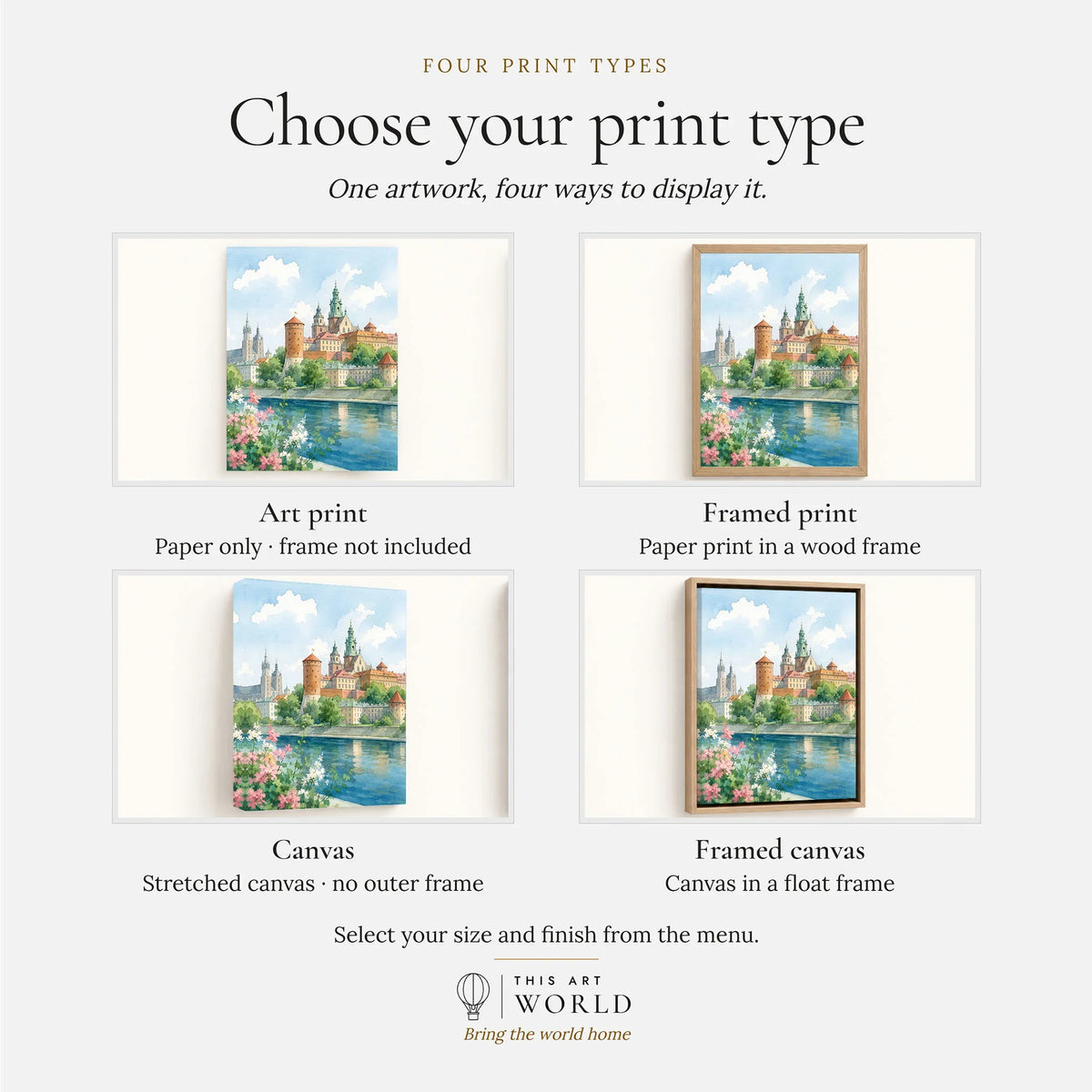 Kraków Wawel Castle on the Vistula watercolour art print, print type options: art print, framed print or canvas