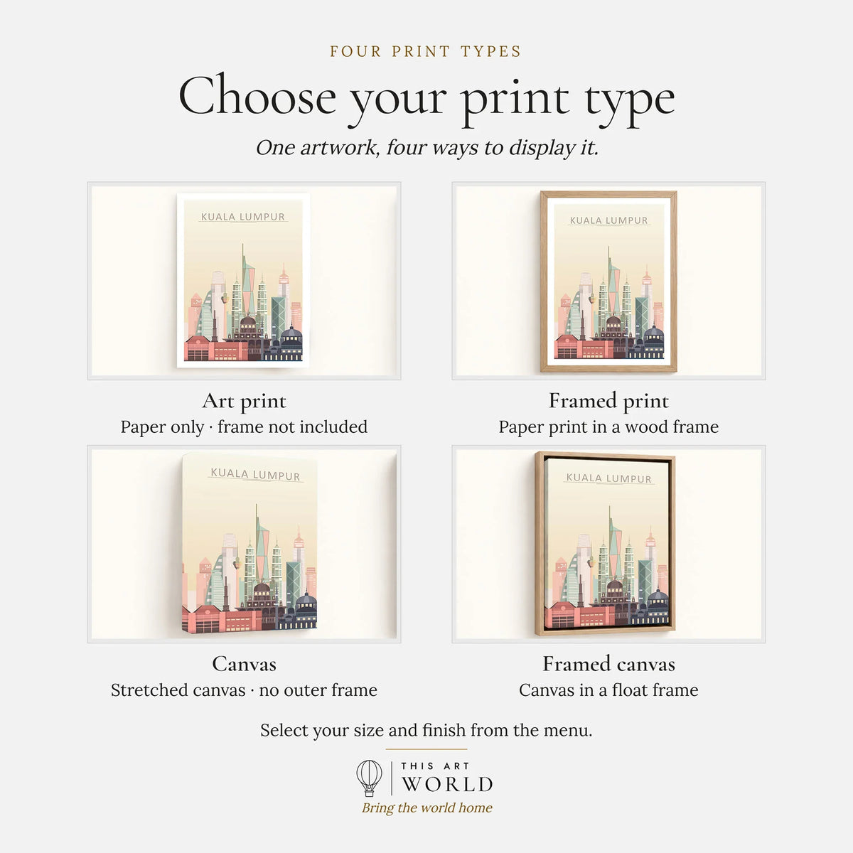 Kuala Lumpur city skyline art print, print type options: art print, framed print or canvas
