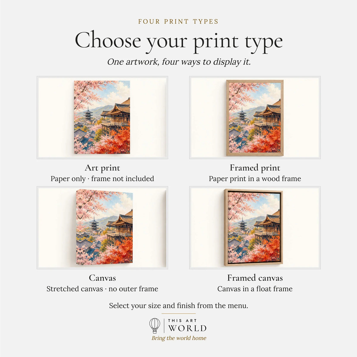 Kyoto Kiyomizu-dera temple and blossom watercolour art print, print type options: art print, framed print or canvas