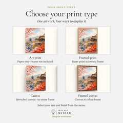Kyoto Kiyomizu-dera temple and blossom watercolour art print, print type options: art print, framed print or canvas