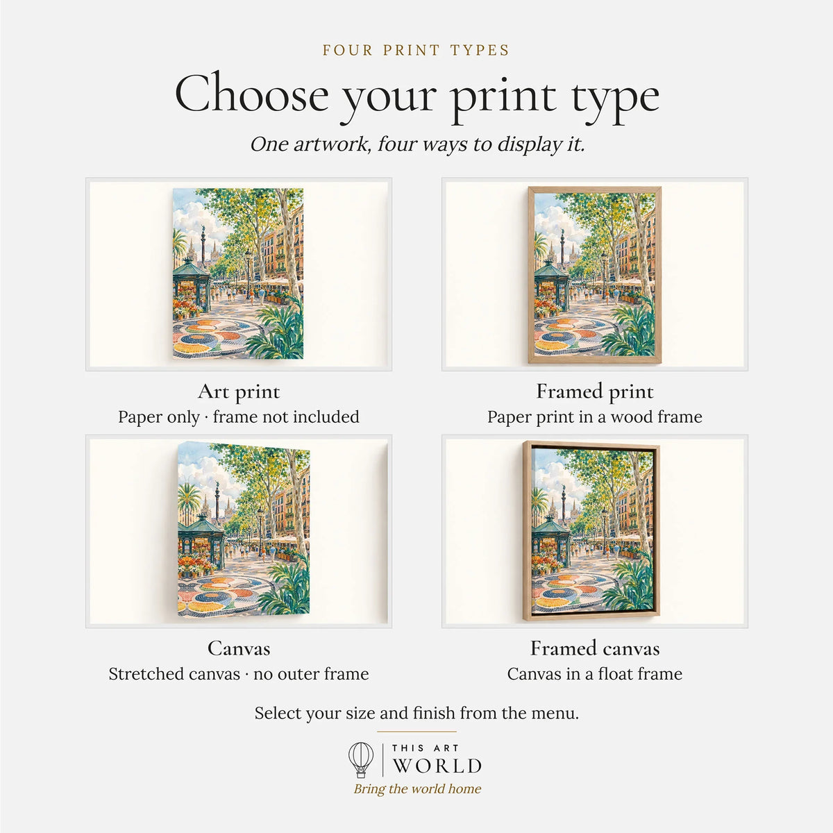 La Rambla Barcelona promenade and mosaic watercolour art print, print type options: art print, framed print or canvas