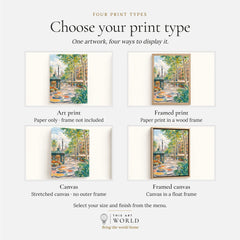La Rambla Barcelona promenade and mosaic watercolour art print, print type options: art print, framed print or canvas