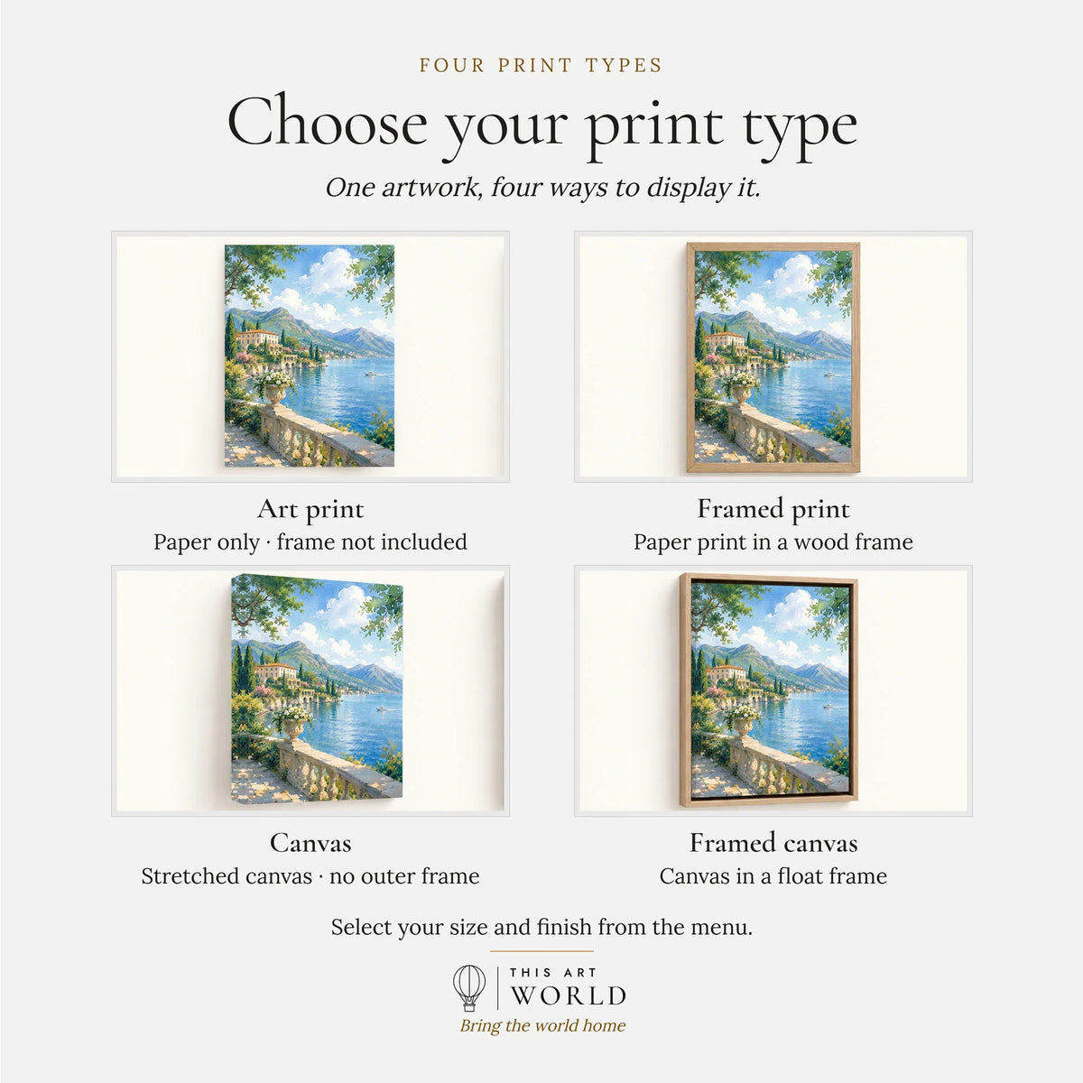 Lake Como lakeside villa and mountains watercolour art print, print type options: art print, framed print or canvas