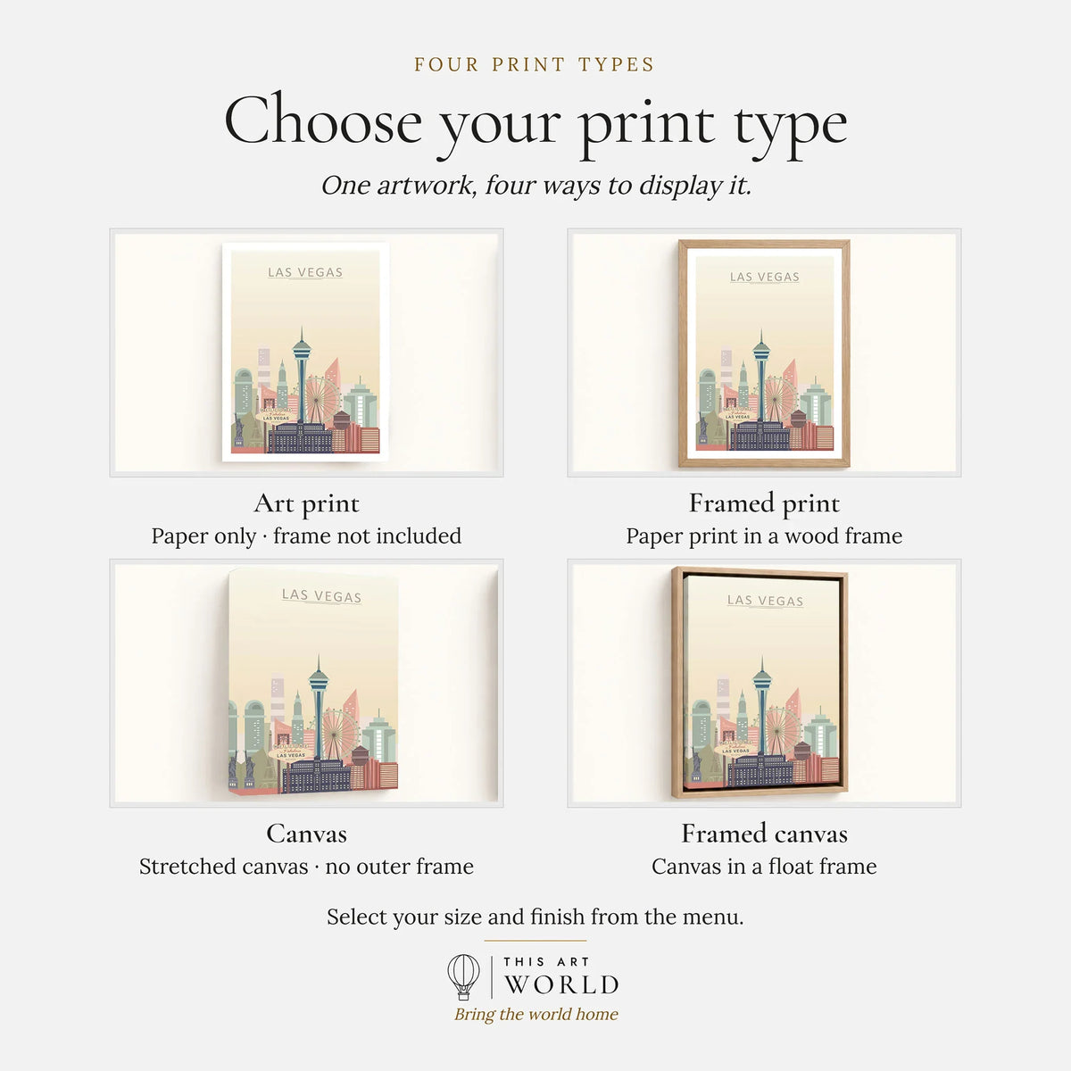 Las Vegas city skyline art print, print type options: art print, framed print or canvas