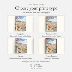 Lisbon yellow tram and castle watercolour art print, print type options: art print, framed print or canvas