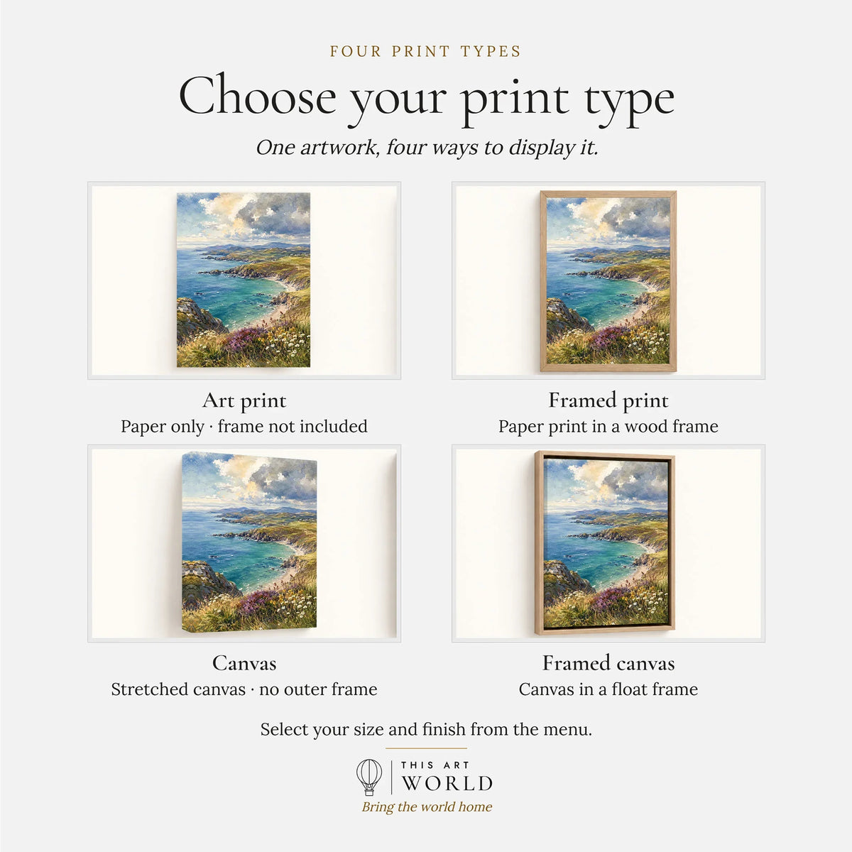 Llyn Peninsula sandy cove and coastline watercolour art print, print type options: art print, framed print or canvas