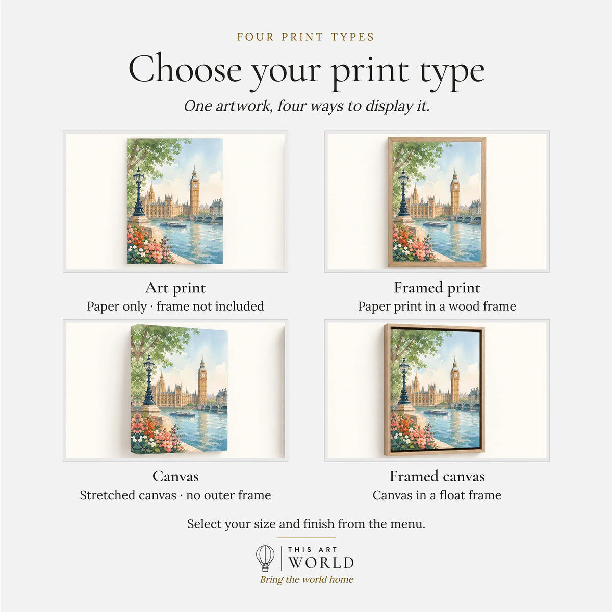 London Big Ben and Houses of Parliament watercolour art print, print type options: art print, framed print or canvas