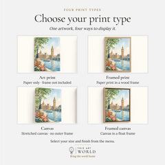 London Big Ben and Houses of Parliament watercolour art print, print type options: art print, framed print or canvas