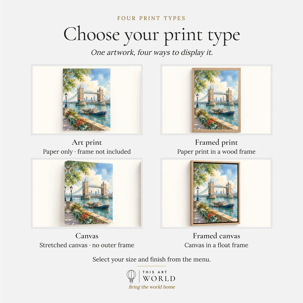 London Tower Bridge on the Thames watercolour art print, print type options: art print, framed print or canvas