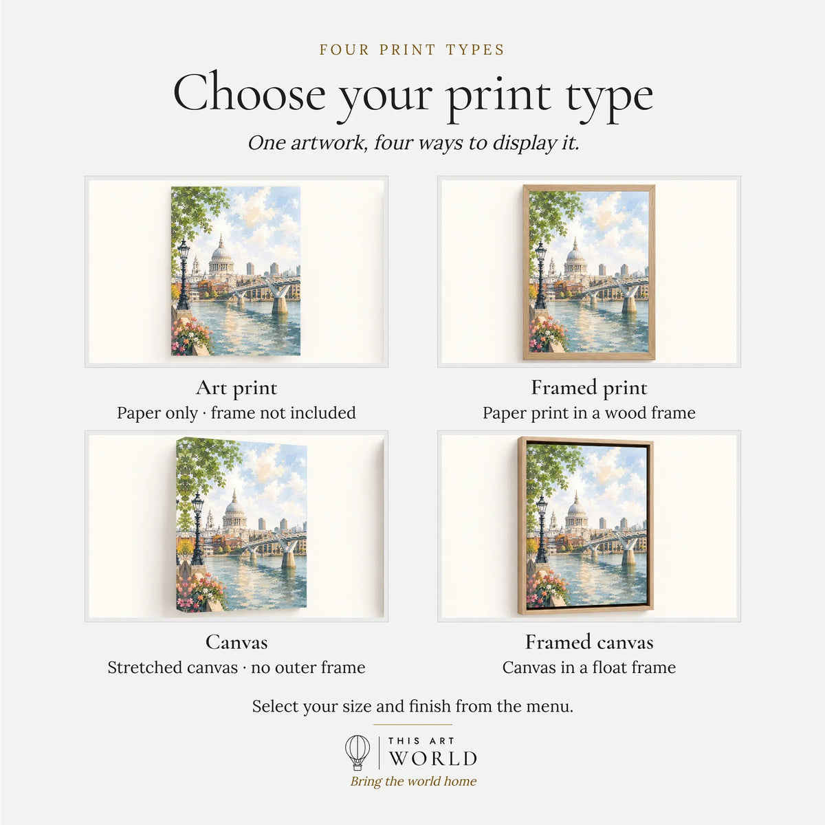 London St Paul's Cathedral and Millennium Bridge watercolour art print, print type options: art print, framed print or canvas