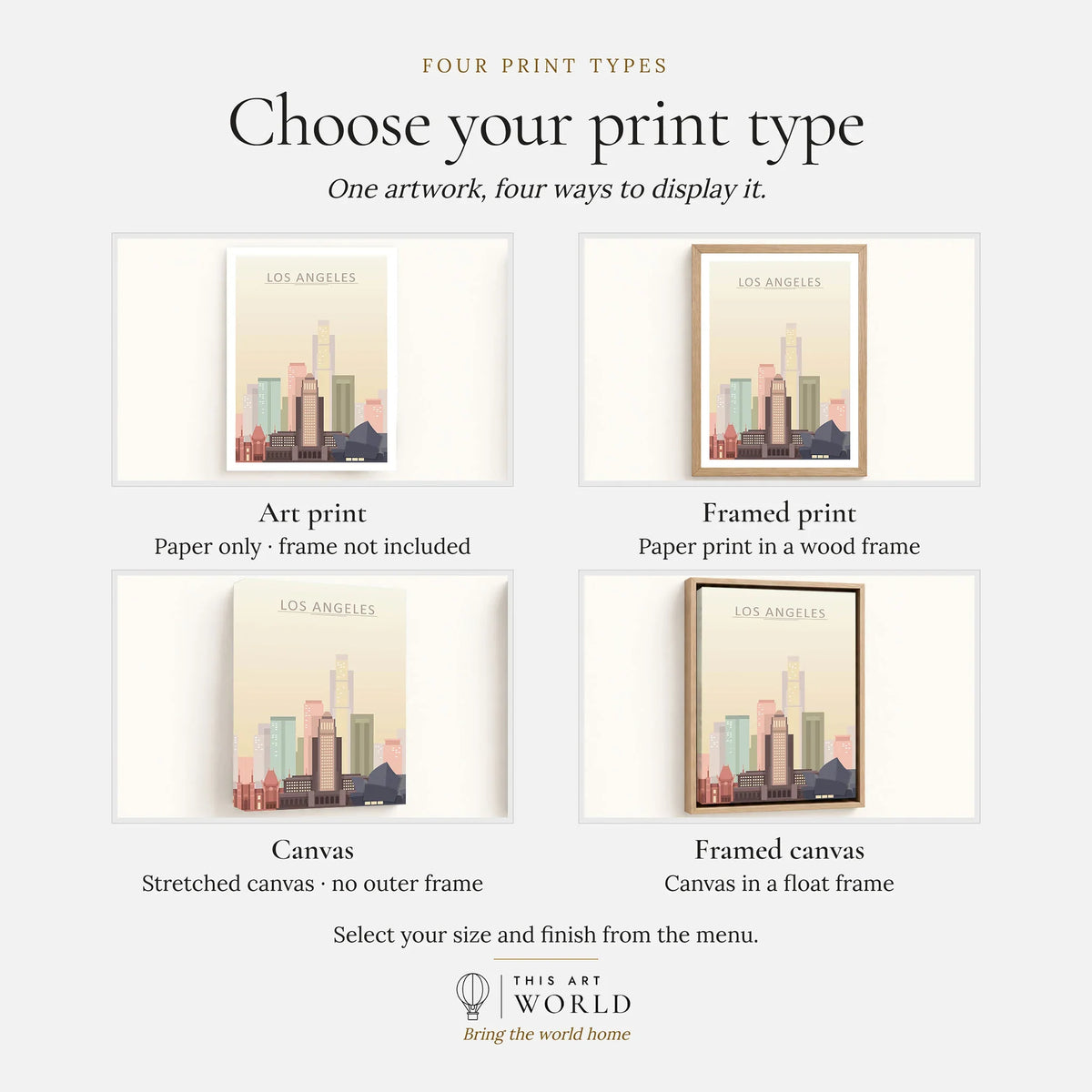 Los Angeles city skyline art print, print type options: art print, framed print or canvas