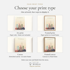 Los Angeles city skyline art print, print type options: art print, framed print or canvas